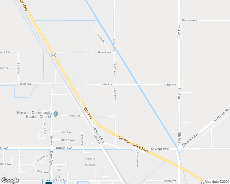 map of restaurants, bars, coffee shops, grocery stores, and more near 202 5 1/2 Avenue in Corcoran