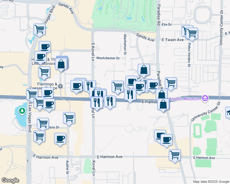 map of restaurants, bars, coffee shops, grocery stores, and more near 270 East Flamingo Road in Las Vegas