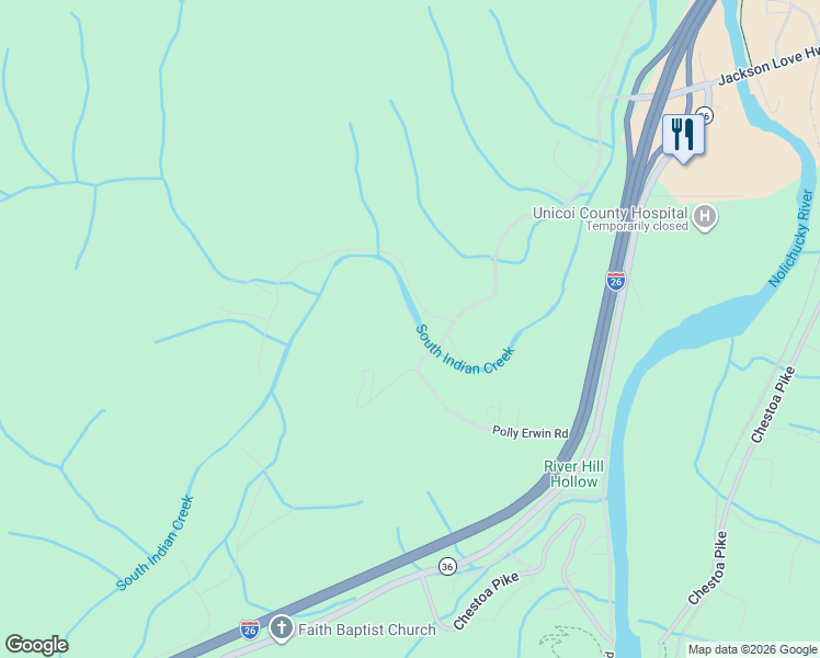 map of restaurants, bars, coffee shops, grocery stores, and more near 205 McInturff Lane in Erwin