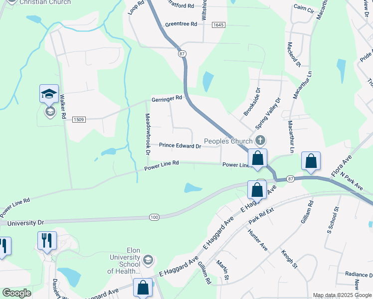 map of restaurants, bars, coffee shops, grocery stores, and more near 1810 Prince Edward Drive in Elon
