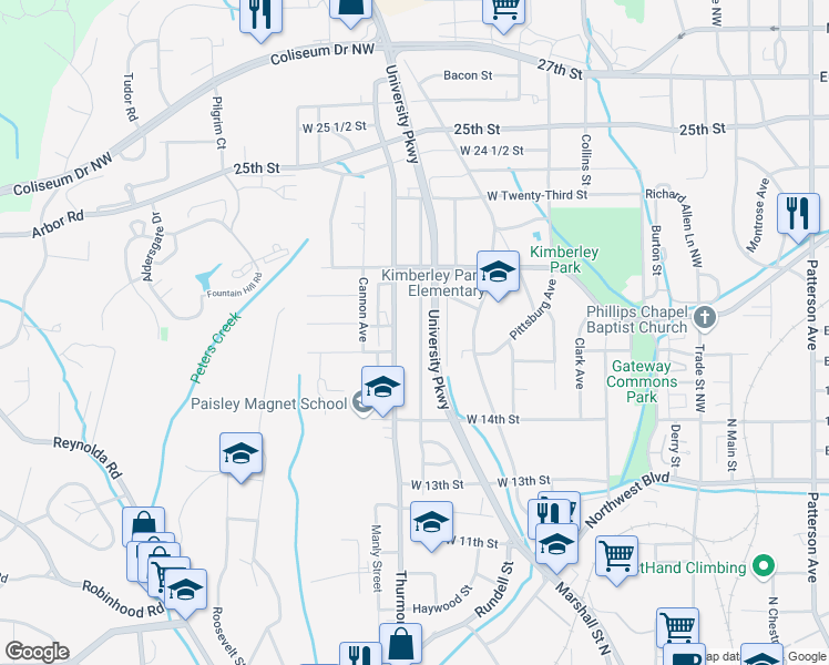 map of restaurants, bars, coffee shops, grocery stores, and more near 1628 Harrison Avenue in Winston-Salem