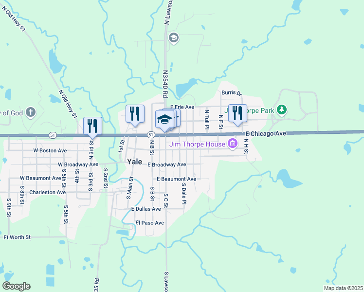 map of restaurants, bars, coffee shops, grocery stores, and more near 207 North E Street in Yale