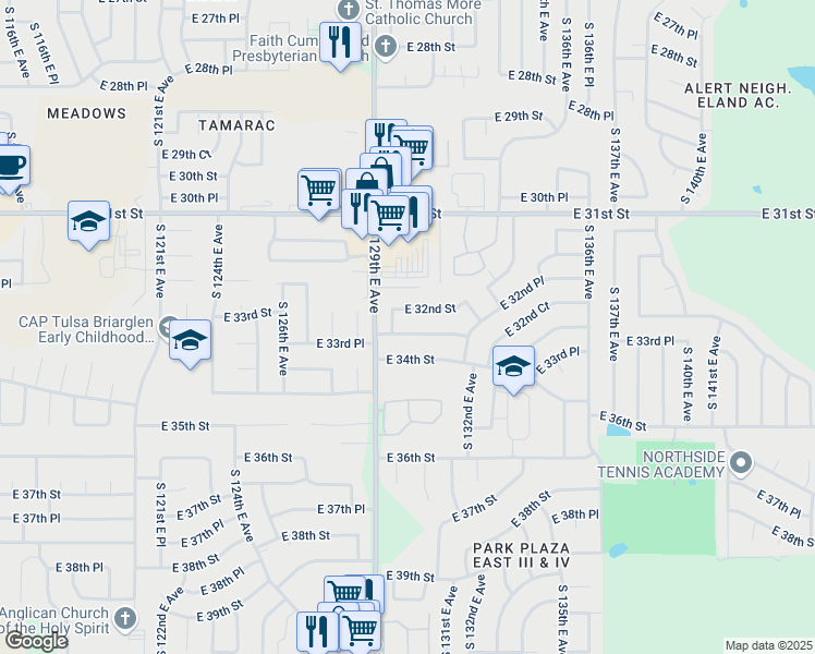 map of restaurants, bars, coffee shops, grocery stores, and more near 12927 East 33rd Street in Tulsa