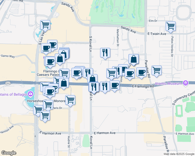 map of restaurants, bars, coffee shops, grocery stores, and more near 220 East Flamingo Road in Las Vegas