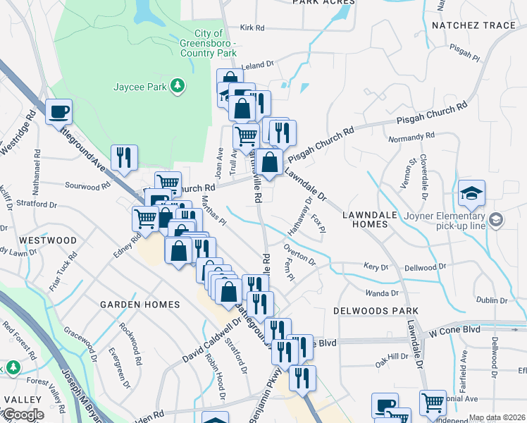 map of restaurants, bars, coffee shops, grocery stores, and more near 2410 Running Brook Drive in Greensboro