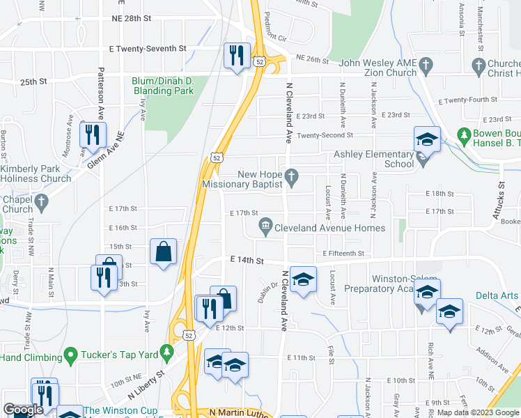 map of restaurants, bars, coffee shops, grocery stores, and more near 1031 East 17th Street in Winston-Salem
