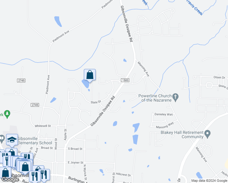 map of restaurants, bars, coffee shops, grocery stores, and more near 328 Slate Drive in Gibsonville