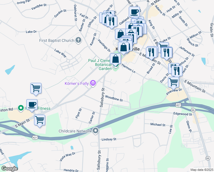 map of restaurants, bars, coffee shops, grocery stores, and more near 205 Sylvan Street in Kernersville