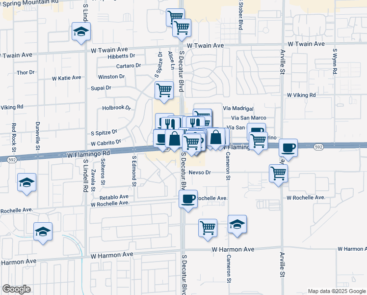 map of restaurants, bars, coffee shops, grocery stores, and more near W Flamingo Rd & S Decatur Blvd in Paradise