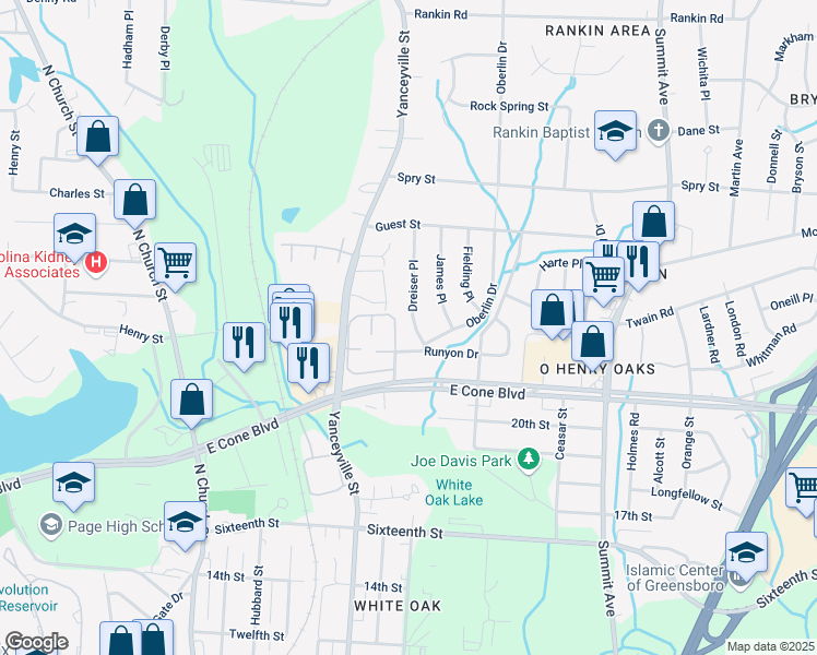 map of restaurants, bars, coffee shops, grocery stores, and more near 3205 Dreiser Place in Greensboro