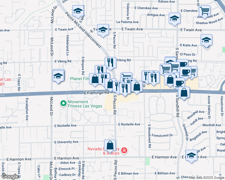 map of restaurants, bars, coffee shops, grocery stores, and more near 3370 East Flamingo Road in Las Vegas
