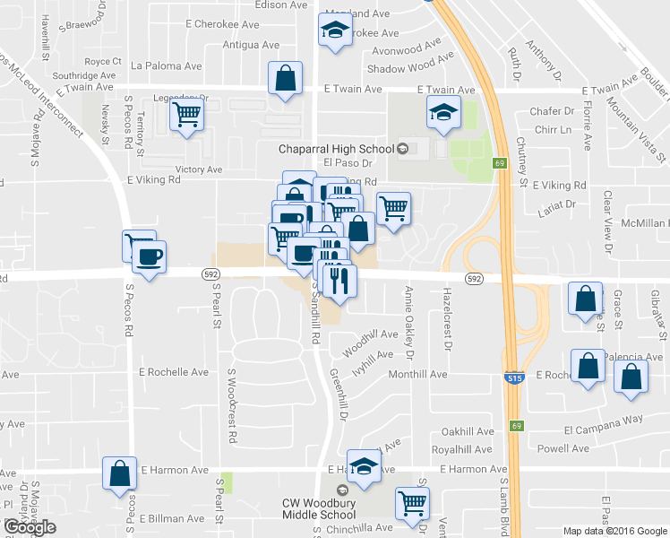 map of restaurants, bars, coffee shops, grocery stores, and more near 3816 East Flamingo Road in Las Vegas