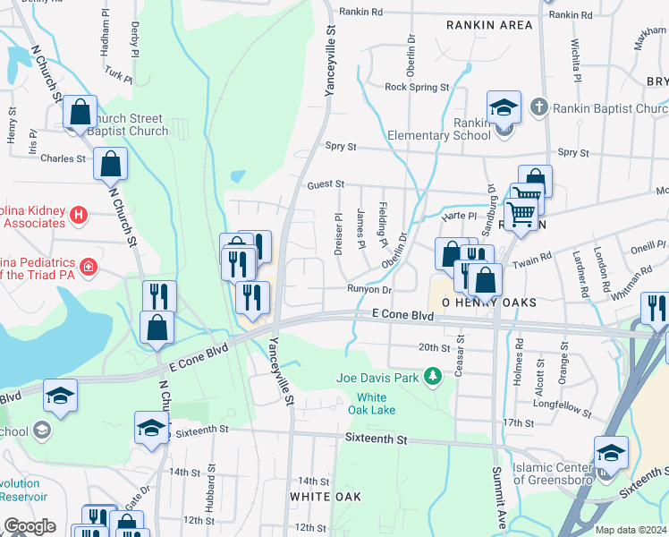 map of restaurants, bars, coffee shops, grocery stores, and more near 3205 Dreiser Place in Greensboro