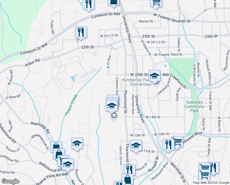 map of restaurants, bars, coffee shops, grocery stores, and more near 1621 Cannon Avenue in Winston-Salem