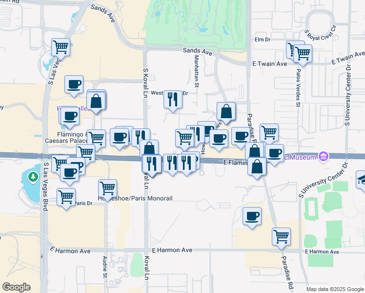 map of restaurants, bars, coffee shops, grocery stores, and more near 270 East Flamingo Road in Las Vegas