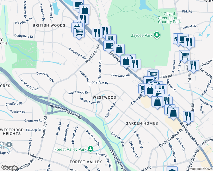 map of restaurants, bars, coffee shops, grocery stores, and more near 3021 Stratford Drive in Greensboro