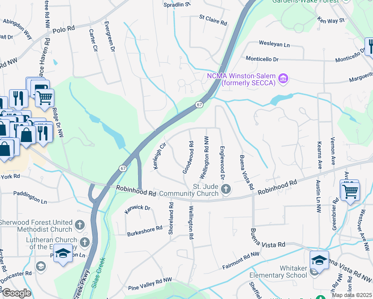 map of restaurants, bars, coffee shops, grocery stores, and more near 935 Goodwood Road in Winston-Salem
