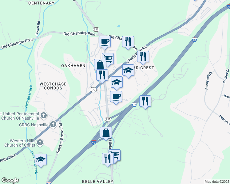 map of restaurants, bars, coffee shops, grocery stores, and more near 650 Old Hickory Boulevard in Nashville