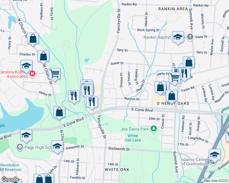 map of restaurants, bars, coffee shops, grocery stores, and more near 3212 Yanceyville Street in Greensboro