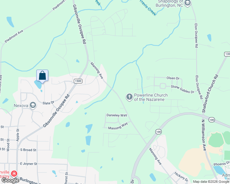 map of restaurants, bars, coffee shops, grocery stores, and more near 826 North Manning Avenue in Elon