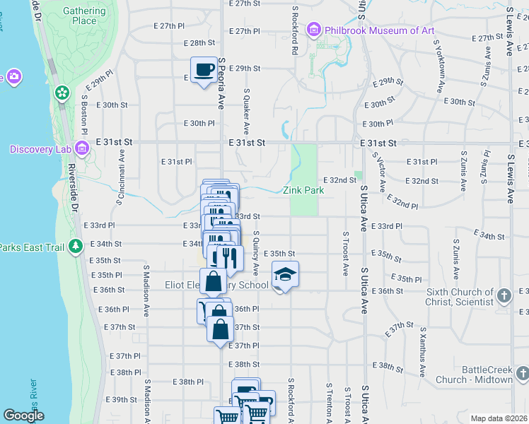 map of restaurants, bars, coffee shops, grocery stores, and more near 1413 East 33rd Street in Tulsa