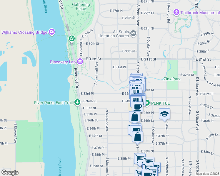 map of restaurants, bars, coffee shops, grocery stores, and more near 243 East 33rd Place in Tulsa