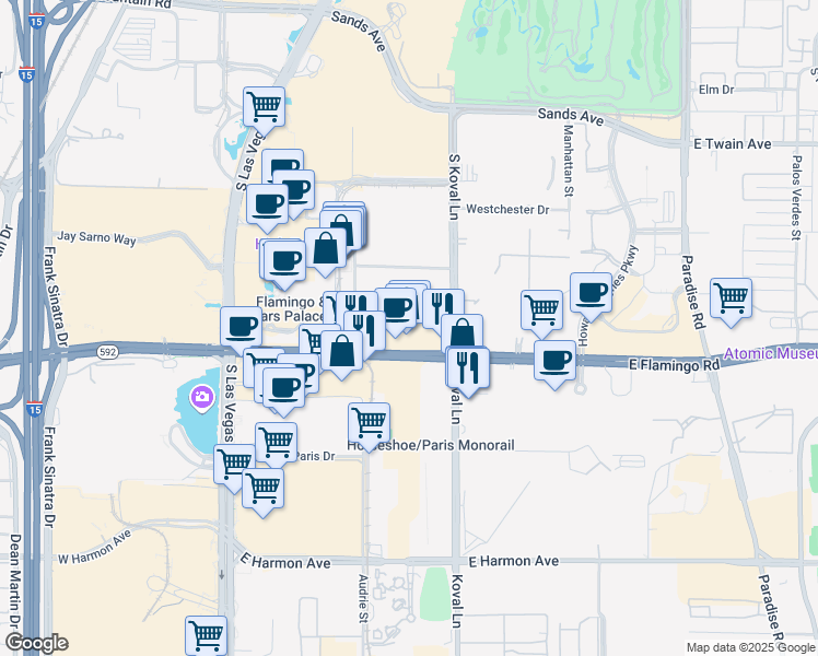 map of restaurants, bars, coffee shops, grocery stores, and more near 160 East Flamingo Road in Las Vegas