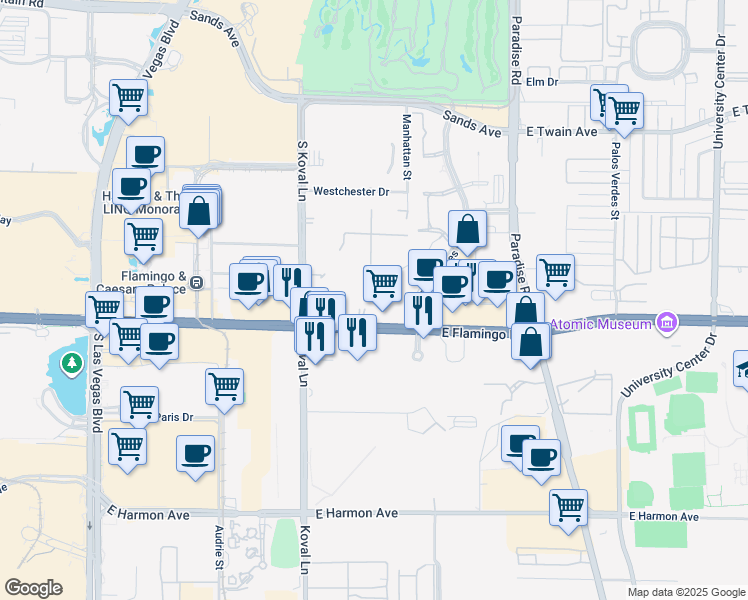 map of restaurants, bars, coffee shops, grocery stores, and more near 270 East Flamingo Road in Las Vegas