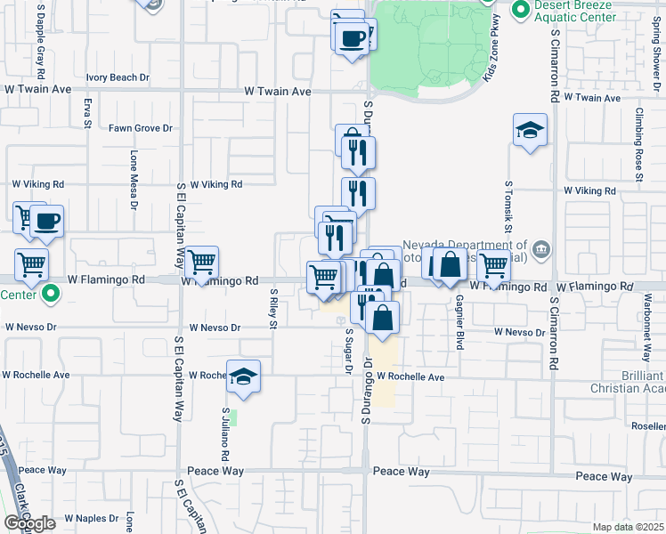map of restaurants, bars, coffee shops, grocery stores, and more near 4075 South Durango Drive in Las Vegas