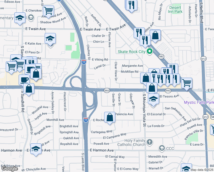 map of restaurants, bars, coffee shops, grocery stores, and more near 4072 Great Plains Way in Las Vegas