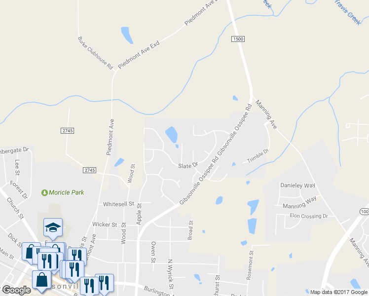 map of restaurants, bars, coffee shops, grocery stores, and more near 116 Claystone Drive in Gibsonville