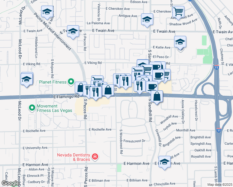 map of restaurants, bars, coffee shops, grocery stores, and more near 3600 East Flamingo Road in Las Vegas