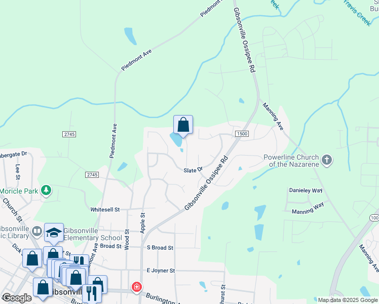 map of restaurants, bars, coffee shops, grocery stores, and more near 116 Claystone Drive in Gibsonville
