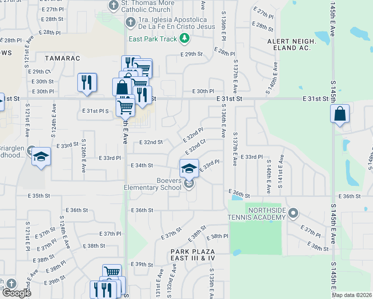 map of restaurants, bars, coffee shops, grocery stores, and more near 13251 South 132nd East Avenue in Tulsa