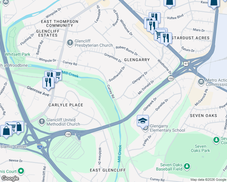 map of restaurants, bars, coffee shops, grocery stores, and more near 740 Currey Road in Nashville