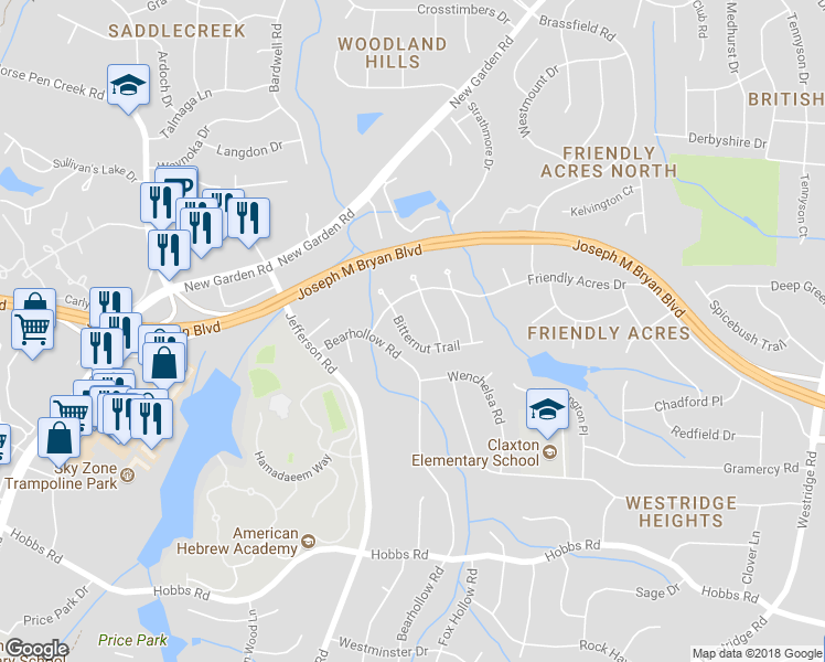 map of restaurants, bars, coffee shops, grocery stores, and more near 4204 Bitternut Trail in Greensboro