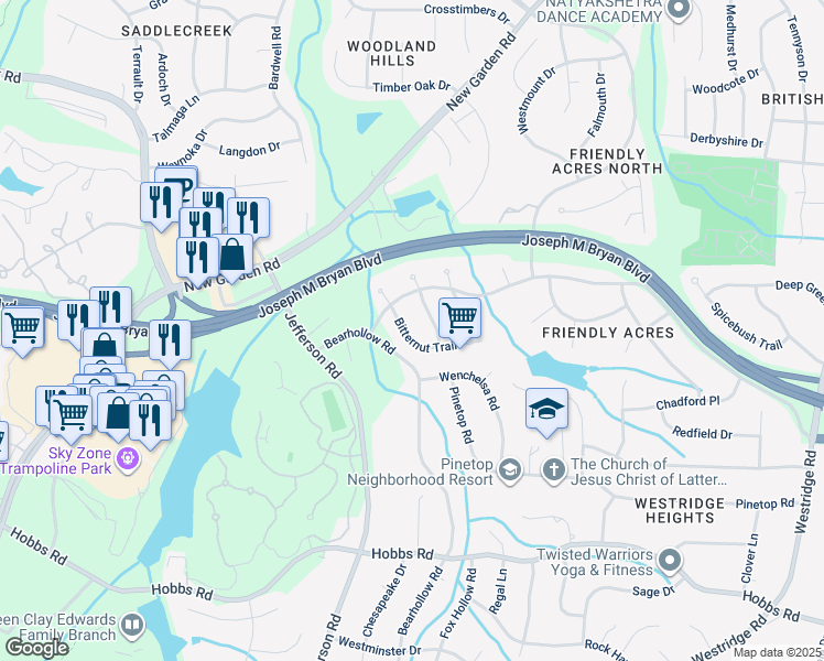 map of restaurants, bars, coffee shops, grocery stores, and more near 4204 Bitternut Trail in Greensboro