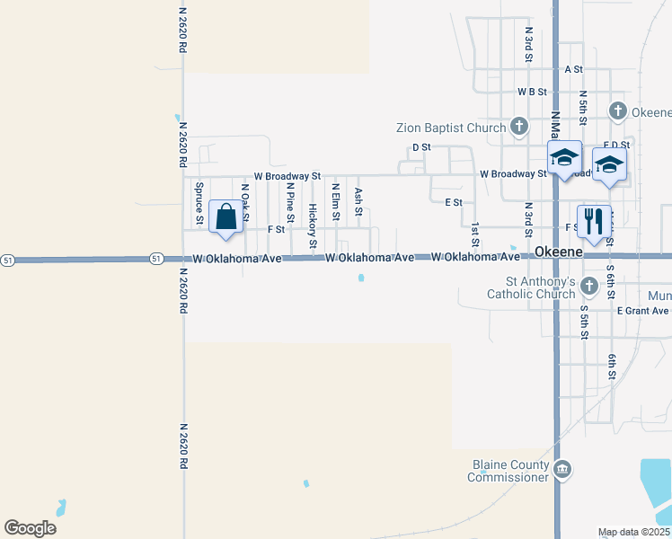 map of restaurants, bars, coffee shops, grocery stores, and more near 805 West Oklahoma Avenue in Okeene
