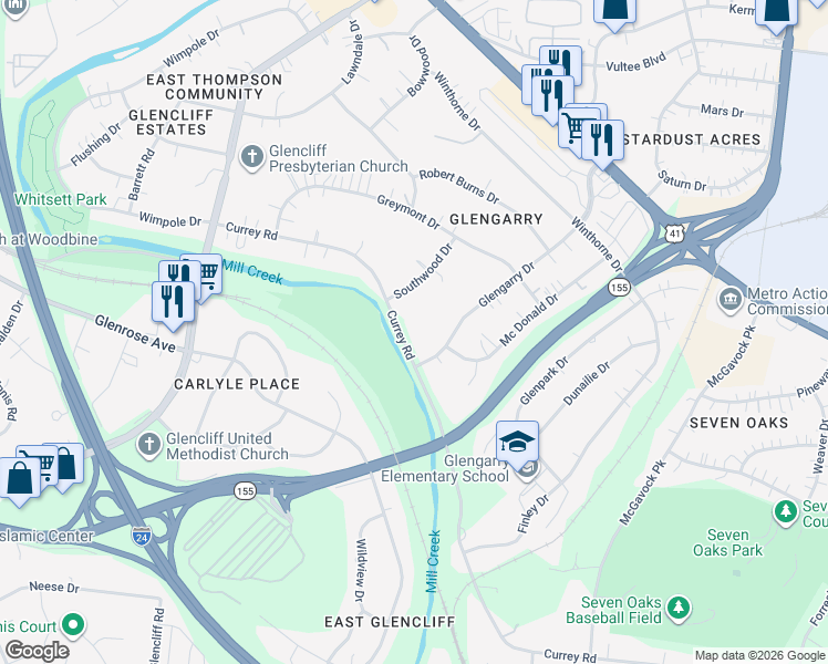 map of restaurants, bars, coffee shops, grocery stores, and more near 740 Currey Road in Nashville