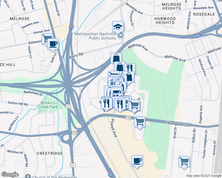 map of restaurants, bars, coffee shops, grocery stores, and more near 2812 Azalea Place in Berry Hill