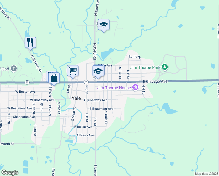 map of restaurants, bars, coffee shops, grocery stores, and more near 207 North E Street in Yale