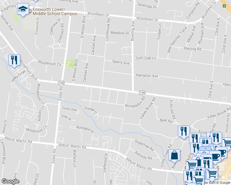 map of restaurants, bars, coffee shops, grocery stores, and more near 3611 Woodmont Boulevard in Nashville