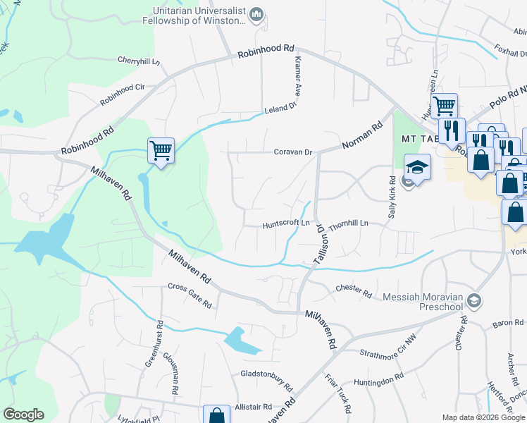 map of restaurants, bars, coffee shops, grocery stores, and more near 4020 Prestwick Crossing Northwest in Winston-Salem