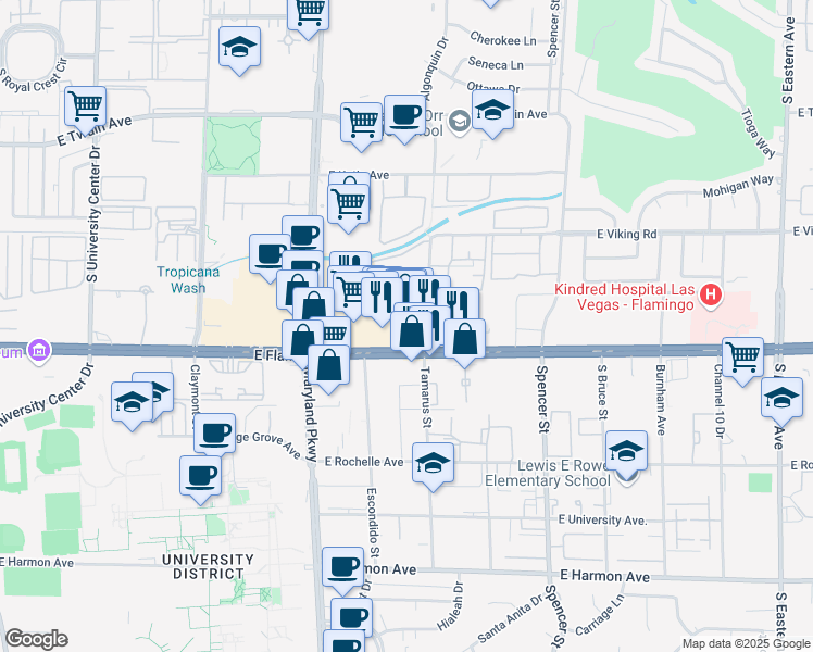 map of restaurants, bars, coffee shops, grocery stores, and more near 1370 East Flamingo Road in Las Vegas