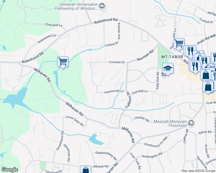 map of restaurants, bars, coffee shops, grocery stores, and more near 4020 Prestwick Crossing Northwest in Winston-Salem