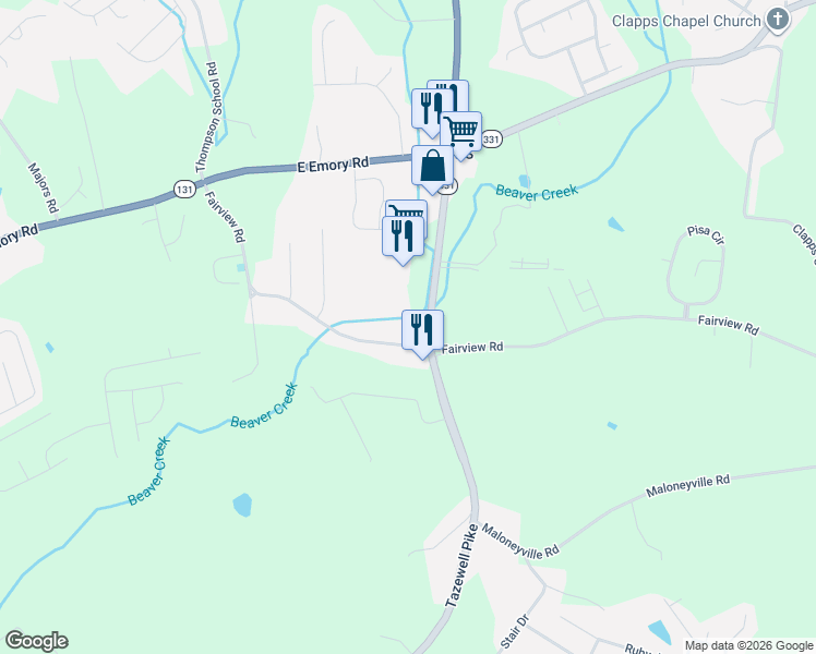 map of restaurants, bars, coffee shops, grocery stores, and more near 7200 Fairview Road in Corryton