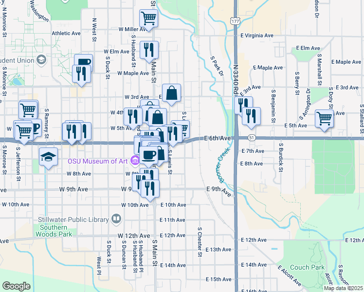 map of restaurants, bars, coffee shops, grocery stores, and more near 223 East 6th Avenue in Stillwater