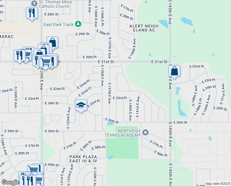 map of restaurants, bars, coffee shops, grocery stores, and more near 13804 East 33rd Street in Tulsa