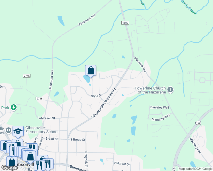 map of restaurants, bars, coffee shops, grocery stores, and more near 60 Slate Court in Gibsonville