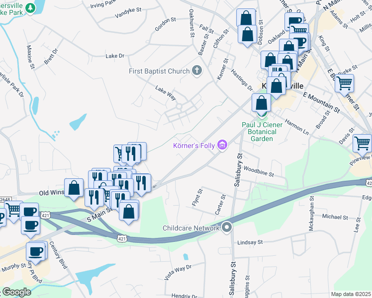 map of restaurants, bars, coffee shops, grocery stores, and more near 540 South Cherry Street in Kernersville